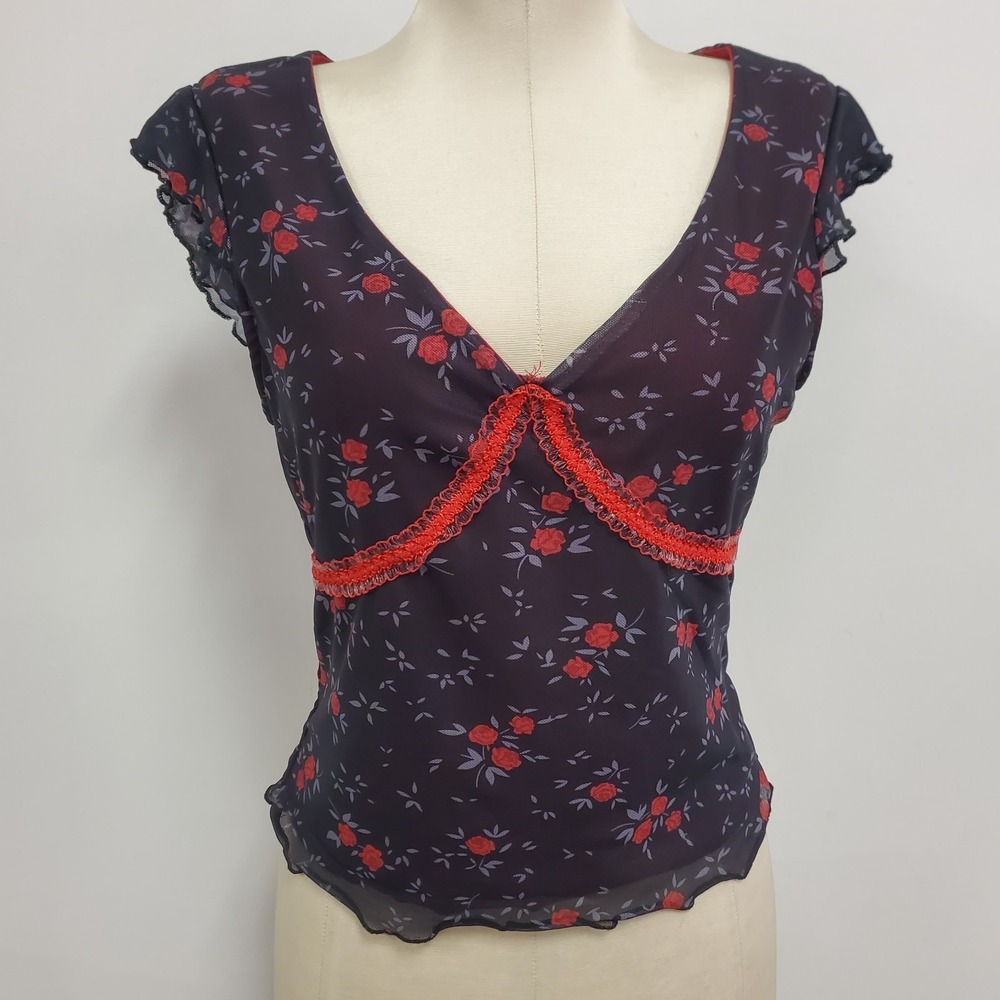 Romwe Fairy Grunge Whimsigoth Dark Floral Mesh Babydoll Top Size S Coquette